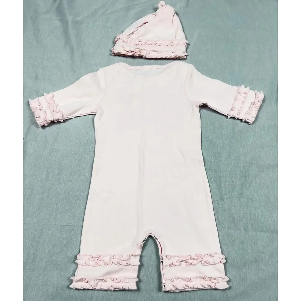 Hartstrings Baby Pink Ruffle Romper & Hat Set 6M Cotton NWOT Vintage Girl READ